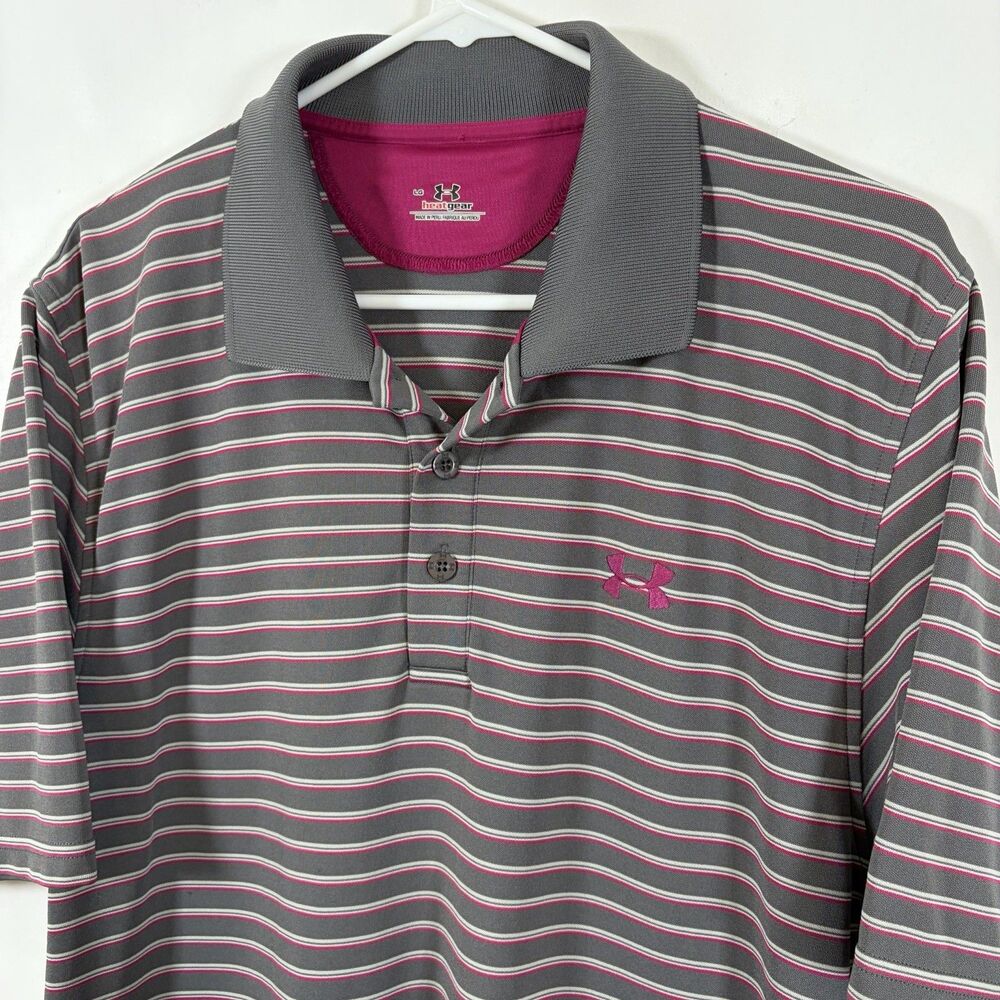 Under Armour HeatGear Golf Polo Shirt Mens Size Large Gray Magenta Pink Striped